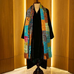 Home women's midnight black kurta with patchwork scarf